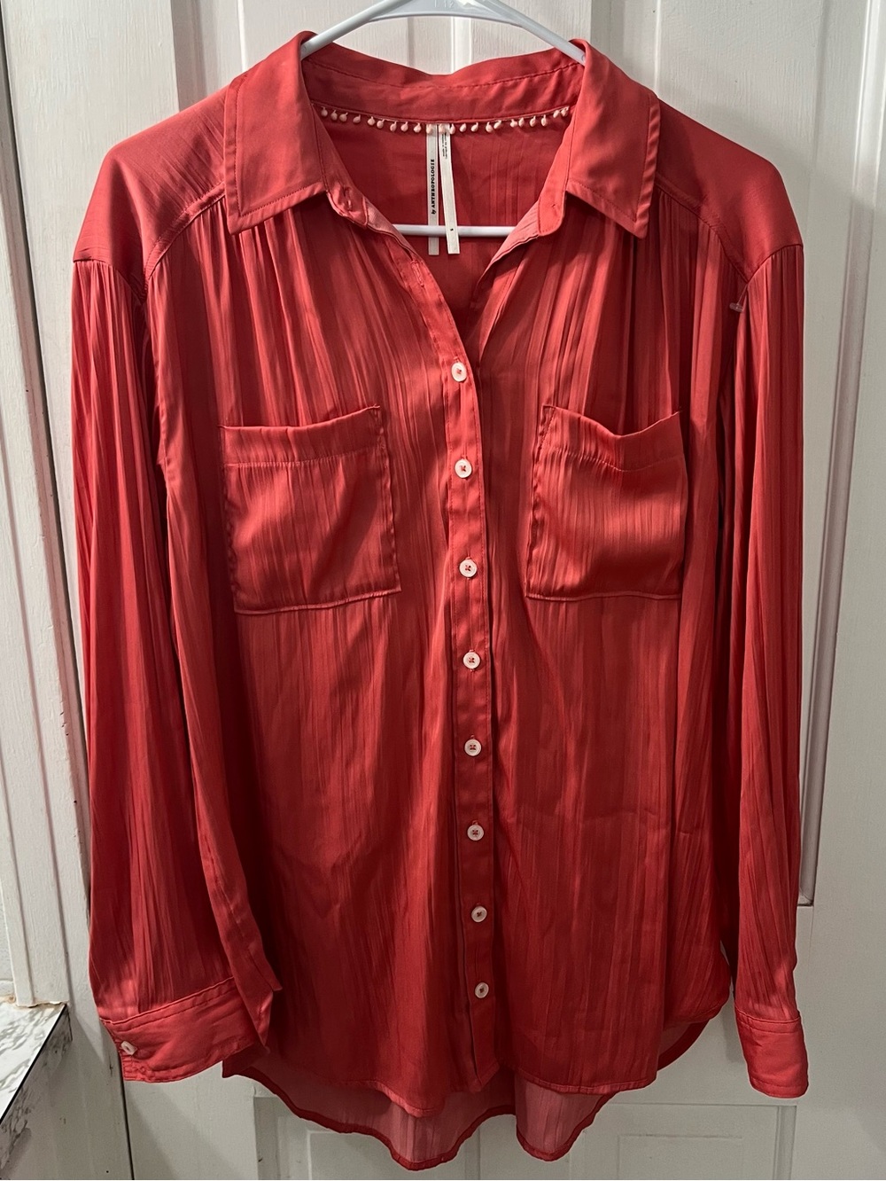 by Anthropologie Coral Crinkle Pom Pom Accent Button Down Shirt Blouse S